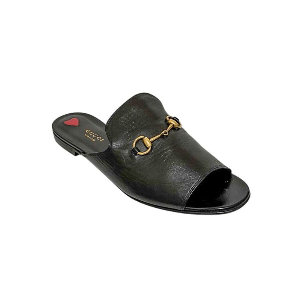 Gucci Horsebit Malaga Kid Slip On Slide Sandals Black Leather EU 40 US 10 Flat